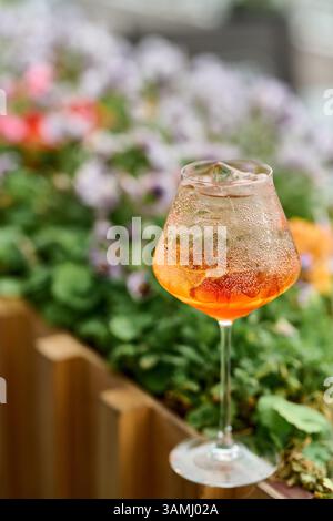 Aperol spritzt Cocktail in ein Glas mit Eis und Blumen Stockfoto