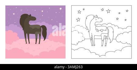 Pferd auf romantischer Wiese Zeichentrick Malbuch für Kinder. Traumhafte Fantasy Stute Pferd Vektor Illustration. Comic Hengst. Handgezeichnetes lustiges flaches Charakterdesign für Valentinskarte, Posterumschlag Stock Vektor