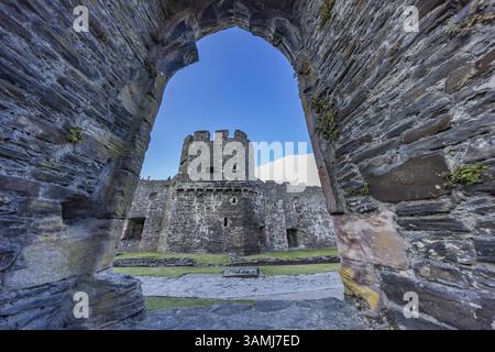 Conwy Castle, Blick durch eine bogenförmige Öffnung in der Burgmauer auf den Turm der mittelalterlichen Burg mit blauem Himmel, Conwy, Wales, Großbritannien Stockfoto