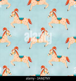 Ein entzückendes und verspieltes Muster mit Zeichentrickpferden in leuchtenden Farben. Handgezeichnetes nahtloses Aquarellmuster auf weichem blauem Hintergrund. Stockfoto