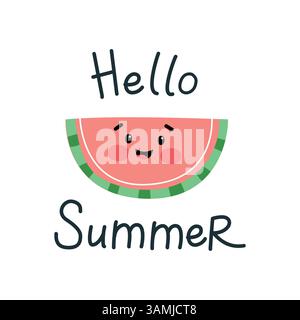 Niedliche Wassermelone Illustration mit Hallo Sommer Text. Perfekt für Kinder und saisonale Designs. Lustige und verspielte Sommerillustration. Stock Vektor