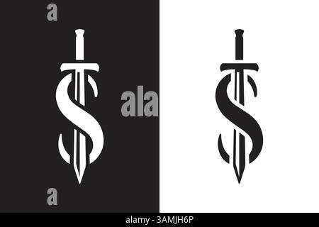 Ein minimalistisches Logo-Design mit einem stilisierten Buchstaben „S“, der von einem Schwert durchzogen wird, erscheint auf einem schwarz-weißen Hintergrund. Stock Vektor
