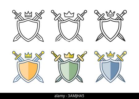 Eine Kollektion von Grafikdesigns mit Schilden und Schwertern, die in verschiedenen Farbvarianten für potenzielle Logo- oder Emblemapplikationen präsentiert werden. Stock Vektor