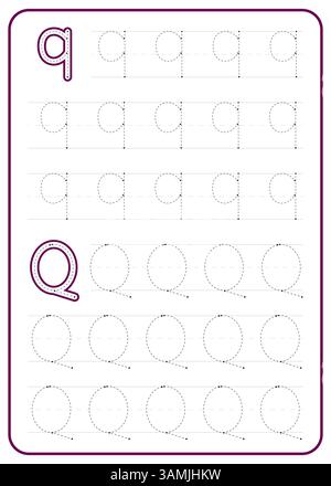 Nachverfolgung des Buchstabens Q. Ein Arbeitsblatt für die Kinderschreibpraxis. Vektordesign. Stock Vektor
