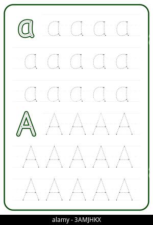 Nachverfolgung des Buchstaben A. Ein Arbeitsblatt für die Kinderschreibpraxis. Groß- und Kleinbuchstaben. Vektordesign. Stock Vektor