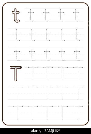 T-Tracing des Buchstaben. Ein Arbeitsblatt für die Kinderschreibpraxis. Vektordesign. Stock Vektor