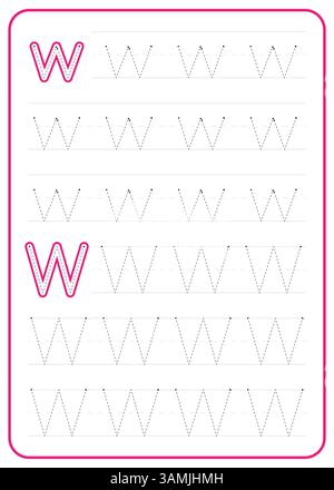 Nachverfolgung des Buchstaben W. Ein Arbeitsblatt für die Kinderschreibpraxis. Vektordesign. Stock Vektor
