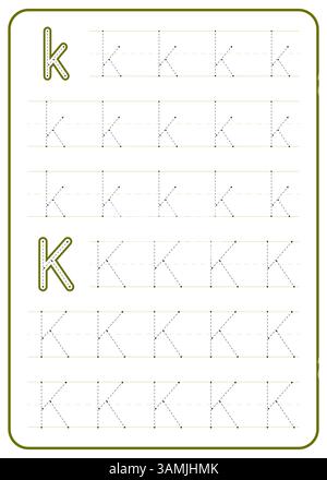 Nachverfolgung des Buchstabens K. Ein Arbeitsblatt für die Kinderschreibpraxis. Vektordesign. Stock Vektor