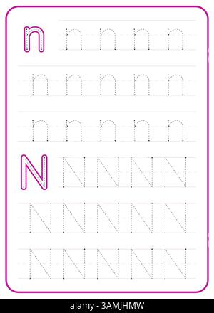 Nachverfolgung von Buchstabe N. Ein Arbeitsblatt für die Kinderschreibpraxis. Vektordesign. Stock Vektor