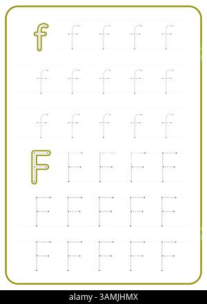 Nachverfolgung des Buchstabens F. Ein Arbeitsblatt für die Kinderschreibpraxis. Vektordesign. Stock Vektor