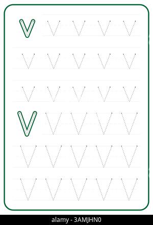 Tracing des Buchstabens V. Ein Arbeitsblatt für die Kinderschreibpraxis. Vektordesign. Stock Vektor