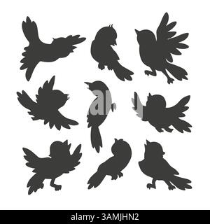 Vögel. Set aus schwarzen isolierten Silhouetten von Zeichentrickvögeln, die fliegen, sitzen, zwitschern, mit ausgebreiteten und gefalteten Flügeln aus der Kollektion „Zeichen des Frühlings“ Stock Vektor
