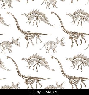 Nahtloses Muster mit Dinosaurierskeletten. Traceratops und Diplodocus. Prähistorische Reptilien und Tiere. Knochen und Fossilien des Jura Stockfoto