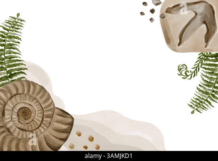 Rahmen mit Fossilien und alten Muscheln. Ammoniit- und Dinosaurierfußabdruck auf Stein oder Ton. Farn und Kieselsteine. Schablone und Rahmen zur Dekoration Stockfoto