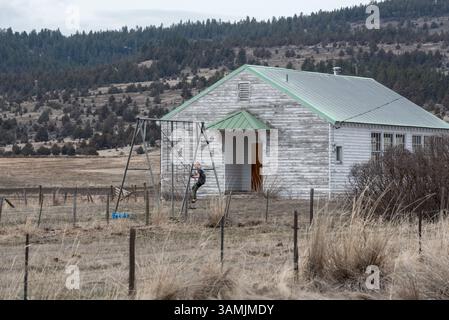Junge, der auf der Schaukel in der Schule in Fox, Oregon, schwingt. Stockfoto