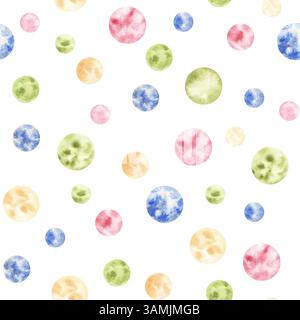 Nahtloses Muster mit grünen, blauen, gelben, rosa Kugeln, Blasen, Flecken in verschiedenen Größen. Handgezeichnete Aquarellillustration. Zum Einpacken von Tapeten Stockfoto