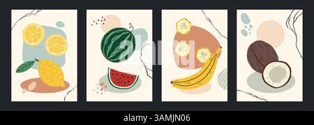 Fruchtposter. Abstrakter Hintergrund mit Zitrone, organischer Wassermelone, frischer Banane und süßer Kokosnuss. Sommerliche tropische Lebensmittel. Vertikales Bannerdesign. Vektor-Cartoon-flache isolierte botanische Illustration Stock Vektor