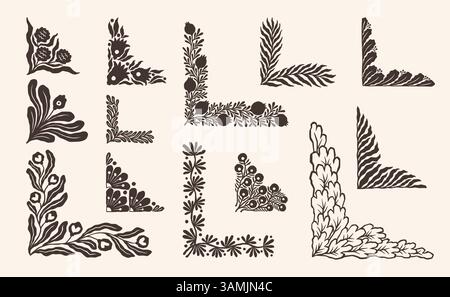 Blumenrahmen. Blumenmuster-Rand, abstrakte botanische Ecke oder minimale moderne Retroform. Vintage-Silhouette. Handgezeichnete retro-elegante dekorative isolierte Elemente für Design. Vektorillustration Stock Vektor