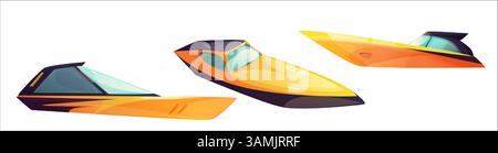 Motorboot modernes Fahrzeugset, farbenfrohe Luxus-Speedboat-Kollektion. Hochgeschwindigkeits-Wassertransport, Freizeitschiffe mit getönten Glasfenstern für Sommerreisen. Stock Vektor