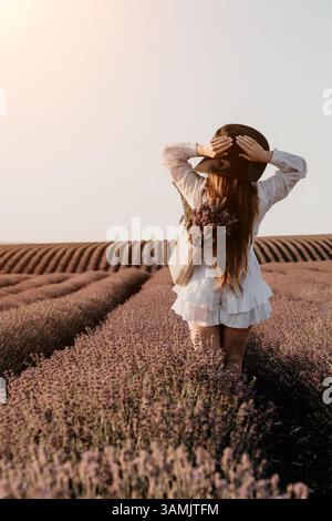 Frau in einem weißen Kleid und Hut in einem Lavender-Feld Stockfoto