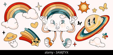 Retro-Himmelsmaskottchen isoliert auf weißem Hintergrund. Vektor-Cartoon-Illustration von grooviger Wolke, Regenbogen, Planet, Pilz, Star-Charaktere lächelnd und fliegt, niedliche y2k-Emoji, Vintage-Design-Elemente Stock Vektor
