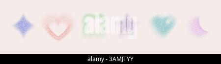 Abstrakte, körnige Formen, isoliert auf weißem Hintergrund. Vektor realistische Illustration der Farbe Herz, Stern, Mond, Raute, Blumenfiguren mit verlaufender Textur, y2k Halbtonsymbole, verschwommener Effekt Stock Vektor