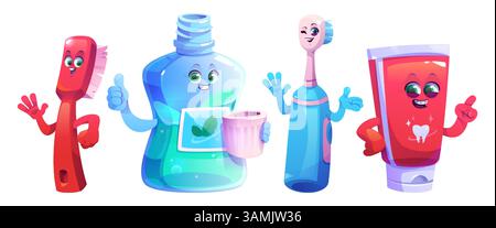 Zahnhygiene Kinderfiguren Set - lächelnde Zahnbürste, Mundspüllflasche mit Becher, elektrische Schallbürste, winkende Hand, rote Zahnpasta für saubere Zähne. Cartoon Maskottchen für gesunde Mundpflegegegewohnheiten. Stock Vektor