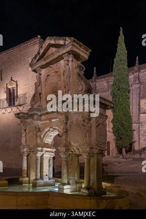Schriftart Santa Maria in Baeza, Spanien. Ein Steinbrunnen mit einem Baum dahinter. Der Brunnen ist nachts beleuchtet Stockfoto