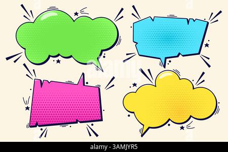 Set aus vier farbenfrohen Sprechblasen mit Halbtonelementen und winzigen Details. Stock Vektor