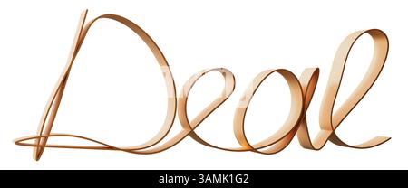 Golden Outline Word Deal zeichnet sich durch ein schlankes Metallic-Erscheinungsbild aus, das in drei Dimensionen gerendert wird. Es hebt sich vor einem sauberen weißen Hintergrund ab, perfekt Stockfoto