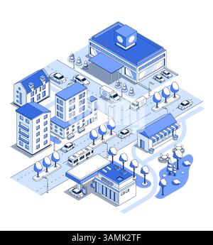 Entwickeltes urbanes Umfeld - Vektorisometrische Illustration Stock Vektor