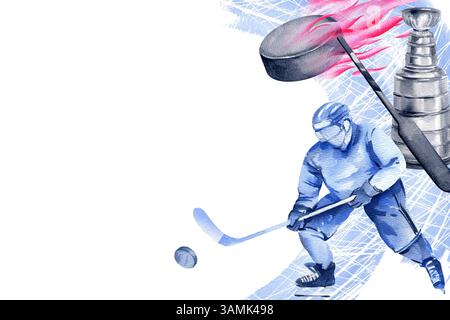 Eishockeyspieler mit Schlägen in Bewegung, Puck fliegt in einer purpurroten Feuerflamme, Puck, Stick, Silberpokal Award, blaues abstraktes Spritzen, handgezeichnete Illustratio Stockfoto