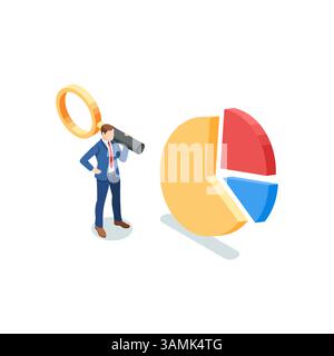 Isometrischer Vektor-Geschäftsmann mit einer Lupe, der neben einem Tortendiagramm steht, in Farbe auf weißem Hintergrund, arbeitet mit Statistiken und Finanzen Stock Vektor