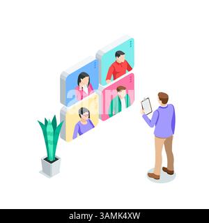Geschäftsmann mit isometrischen Vektoren, der per Ferngespräch mit Kollegen in Farbe auf weißem Hintergrund arbeitet, Remote-Arbeit über das Internet Stock Vektor