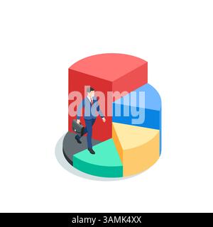 Isometrischer Vektor Geschäftsmann, der ein Tortendiagramm wie Schritte nach oben, in Farbe auf weißem Hintergrund, beste finanzielle Leistung oder Erfolg führt Stock Vektor