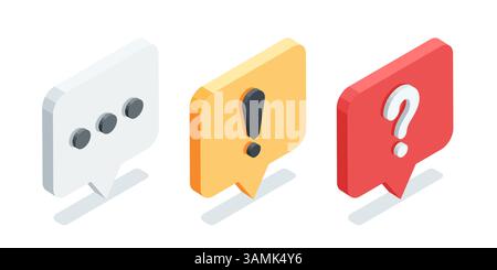 Symbole für isometrische Textblasen, farbig auf weißem Hintergrund, mit Ausrufesymbol und Frage, wichtigen Nachrichten oder Hinweisinformationen Stock Vektor