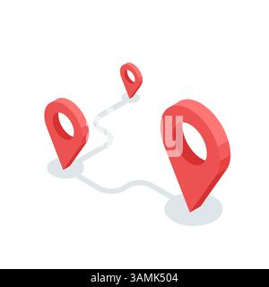 Isometrische Positionssymbole an zwei Straßenenden, farbig auf weißem Hintergrund, Route auf der Karte oder GPS-Navigationsweg Stock Vektor