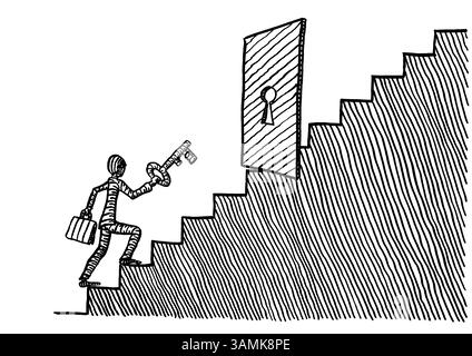 Freihändige Zeichnung eines Geschäftsmannes mit großem Schlüssel in der Hand, der sich einer verschlossenen Tür nähert und seinen Aufstieg auf eine Treppe blockiert. Metapher für Wachstum, Pflege Stockfoto