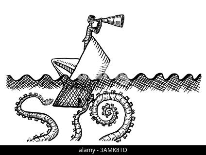 Freihändige Zeichnung eines Geschäftsmannes, der durch ein Spyglass nach Sicherheit sucht, während er in einem sinkenden Papierschiff steht, das von der Tiefsee monste bedroht ist Stockfoto