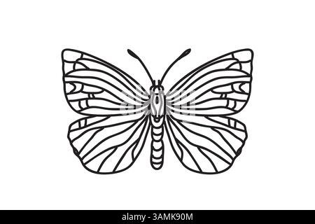 Linienart botanischer Schmetterling, zeichnet schwarze Umrisse isoliert auf weißem Hintergrund. Hand gezeichnete Schmetterlingsvektor-Illustration. Grafisches Design mit Kritzelelem Stock Vektor