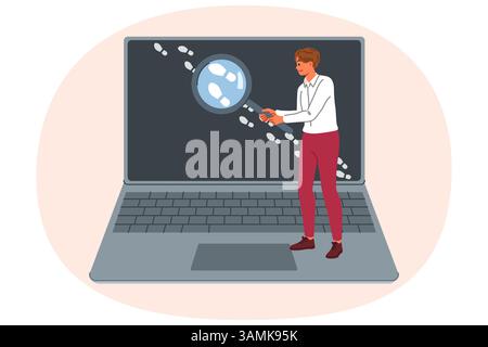 Der Mann sucht im Internet nach Spuren, arbeitet OSINT-Spezialist und hält Lupe in der Nähe des Laptops Stock Vektor