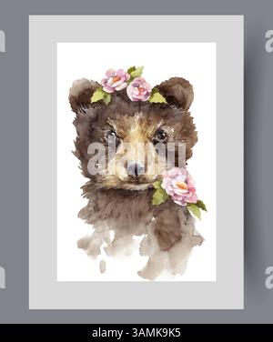 Kleiner Braunbär oder Grizzlybär mit rosa Blumen um das Gesicht auf Wandkunst. Aquarellgrafik Stock Vektor