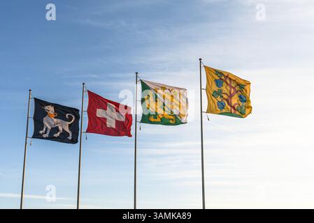 Fahnen flattern im Wind vor blauem Himmel (von links nach rechts: Stadtflagge Ermatingen, Schweizer Flagge, Kanton Thurgau, Triboltingen Stockfoto