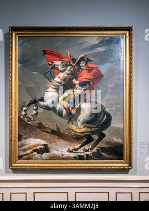 „Napoleon Crossing the Alps“ Öl auf Leinwand des französischen Künstlers Jacques-Louis David, Osterreichische Galerie Belvedere, Wien, Österreich Stockfoto