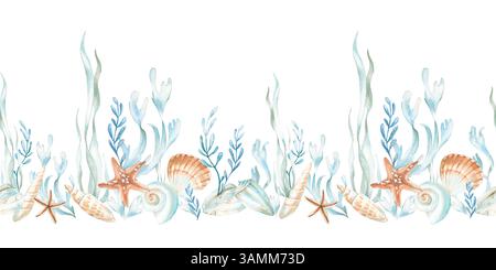 Muscheln und Algen nahtloses horizontales Aquarellmuster. Handgezeichneter Rand Stockfoto
