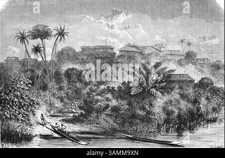 Frühe Ansicht von Iquios, heute „Hauptstadt des peruanischen Amazonas“, am Amazonasfluss, Region Lorento Peru Südamerika. Vintage oder historische Gravur oder Illustration 1866. Stockfoto