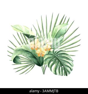 Tropische Blätter und gelbe Orchideenblumen isolierte Illustration für Sommer-Regenwald-Designs. Handgezeichnete grüne Monstera, phalaenopsis Stockfoto