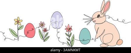 Osterhase und Eier mit Blumen Strichzeichnung Stock Vektor