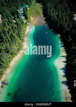Blick aus der Vogelperspektive auf den türkisfarbenen Johnson Lake, umgeben von bunten umgestürzten Bäumen und ruhigen Waldschatten, Louis Creek, Kanada. Stockfoto