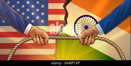 Handelskrieg USA Indien Konzept Illustration. Zwei Hände in Anzügen ziehen ein Seil vor dem Hintergrund amerikanischer und indischer Flaggen mit einer gerissenen Grenze Stock Vektor